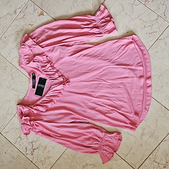 🍾Host Pick!🍾 NWT $115 Lauren LRL Pink Ruffle V-Neck Top [size M] - Picture 2 of 8